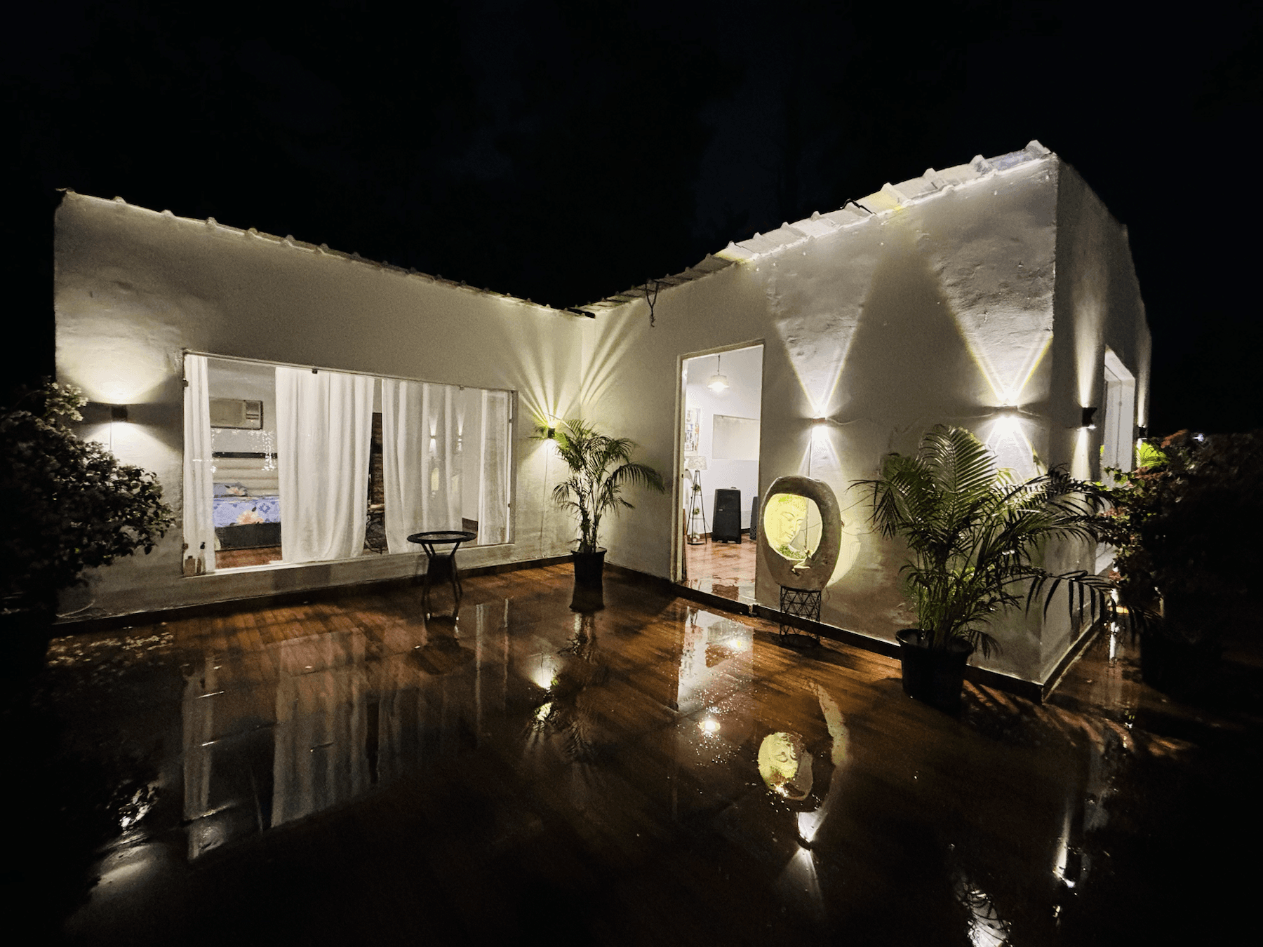 Farmhouse exterior and swimming pool view